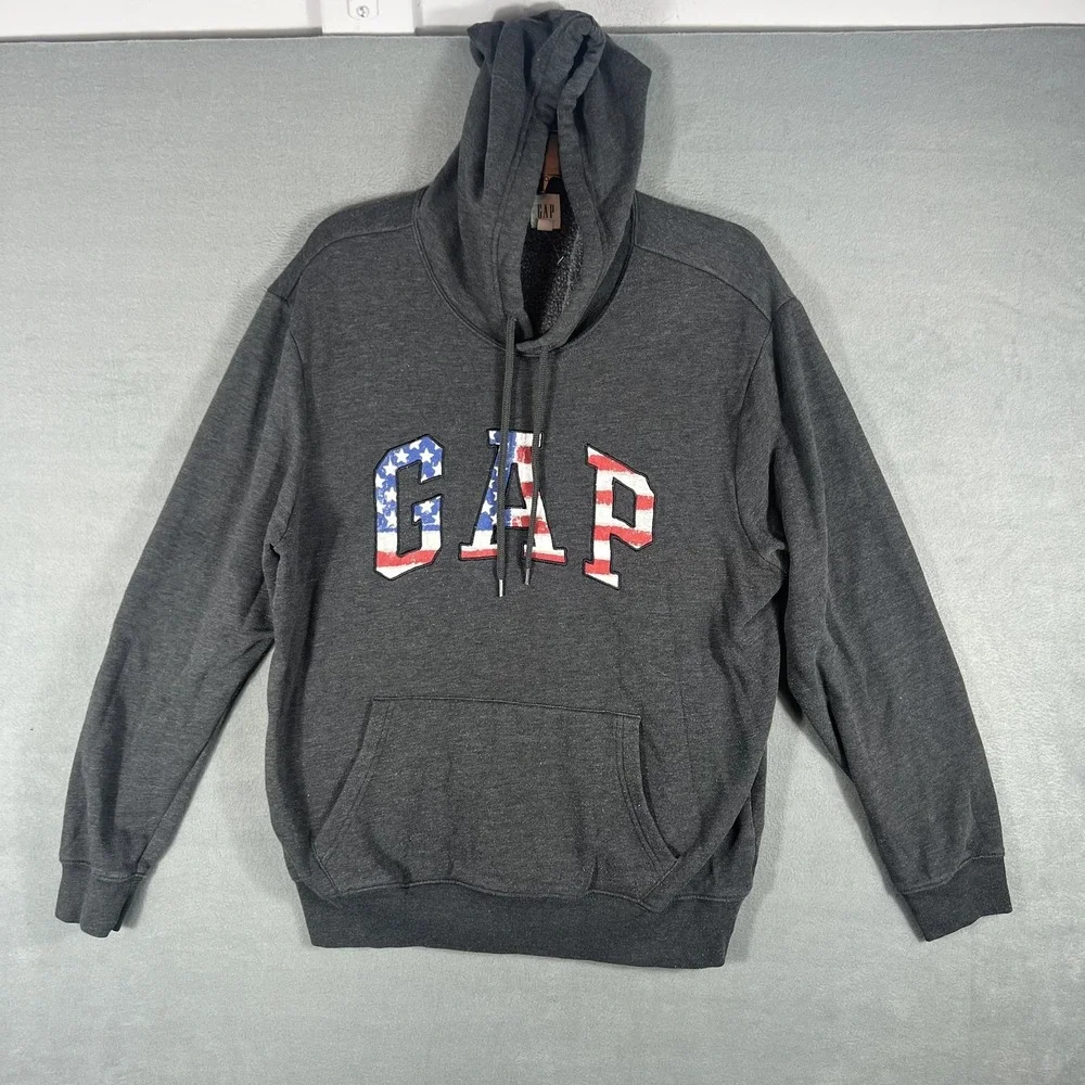 GAP Men's Gray Flag Logo Hoodie Pullover Sweatshirt Size L Large Cotton Blend